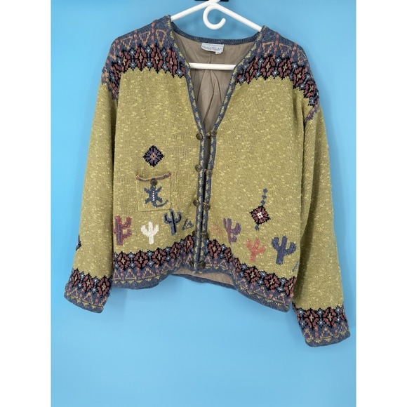 Vintage Jackets & Blazers - Vtg 1990s Monterey Bay Green Cactus Embroidered Button Up Barn Jacket Sz L
